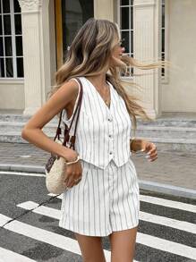 Serisse Women Striped Sleeveless Vest And Shorts Suit In Fall/Winter White