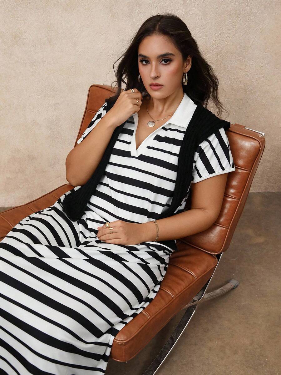 Juhart Plus Size Women's Knit Regular Spring/Summer Casual/Work Black & White Striped Contrast Color Short Sleeve Dress