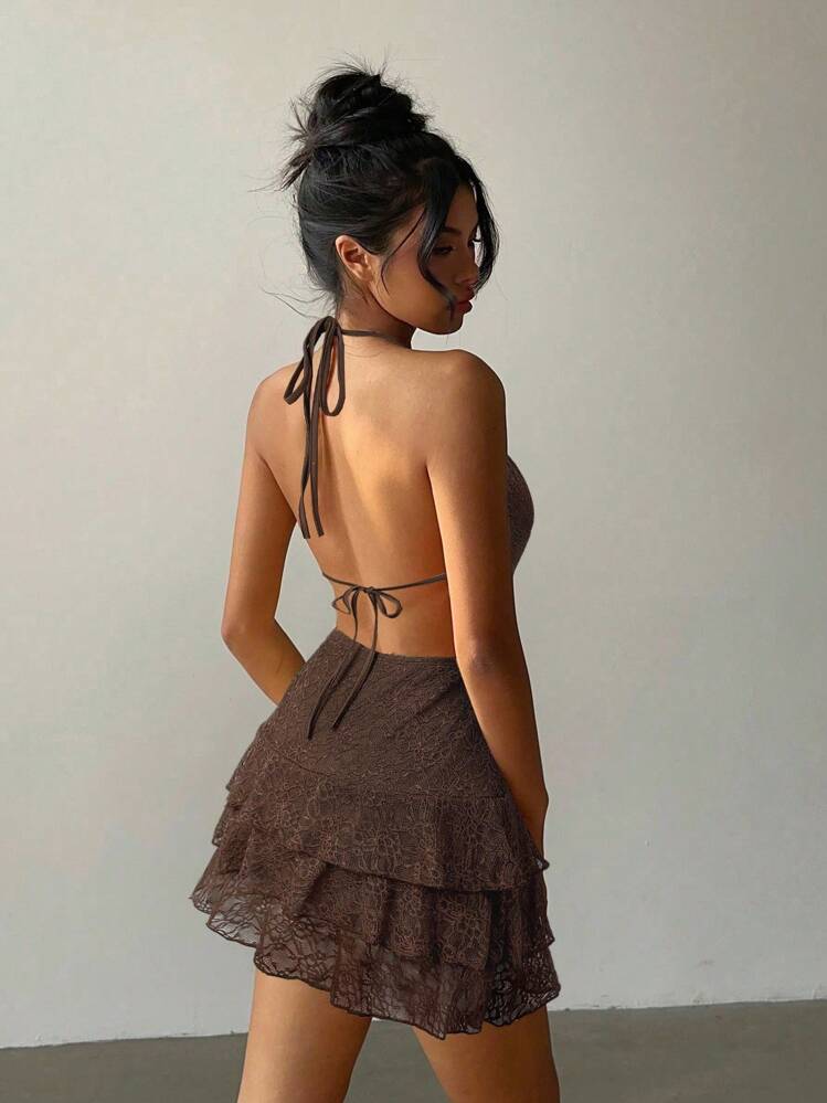 Aloruh Women's Fashionable Sexy Deep V Neck Halter Mini Dress - Brown - View 2