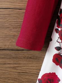 SHEIN 女童玫瑰印花荷叶边下摆收腰 A 字中长连衣裙，春秋