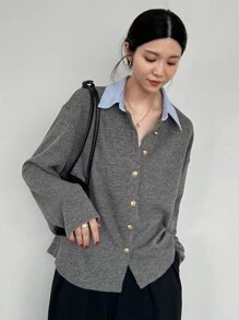 FRIFUL Women's Fashion Casual Striped Patchwork Lapel Button Long Sleeve T-Shirt Ribbed Shirt Grey Shirt Long Sleeve Button Up Grey Blouse Collared Shirt,Fall Women Clothes Thin Cardigan