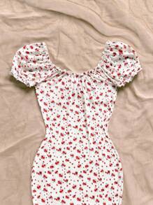 Soleia 碎花前打結褶邊泡泡袖緊身連衣裙 - 彩色 - 查看 5