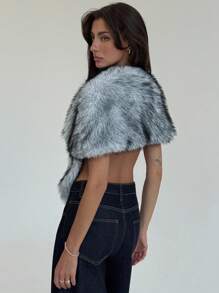 Aloruh 秋冬女士时尚短款人造毛皮披肩夹克 - 灰色 - 查看 2