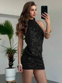 Aloruh New Sexy Backless Open Shoulder Mini Bodycon Sequin Dress, Suitable For Clubbing, Music Festival, Party, Petite Figure Enhancing,Black Dresses Classy Elegant,Elegant Dresses For Women