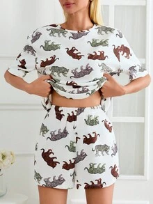 EURMUSE 2 pièces Ensemble pyjama en coton avec motif animal, chemise à manches courtes oversize et shorts imprimés - Multicolore - Voir 4