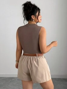 Elenzga 女式加大码无袖针织上衣和 A 字短裤（配腰带）2 件套，休闲装 2 件短套装女式两件短裤套装女式 2 件短装女式 2 件服装舒适两件套 - 咖啡棕 - 查看 2