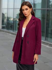 SHEIN Clasi Abrigo cruzado de doble botonadura con cuello de solapa, adecuado para el uso diario - Rojo violeta - Ver 3