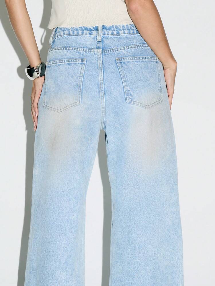 KIZN Jeans de pierna ancha con cintura extra alta, estilo vintage con detalles de paneles y cierre de botones, ideal para el verano y la primavera, moda Y2K, ropa de calle, uso casual y holgado