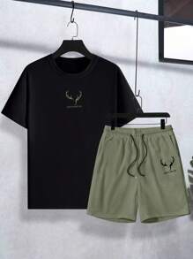 EGENSIO Men's Casual Deer Antler Print T-Shirt And Shorts Set, Summer - Multicolor - View 1