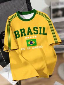 SHEIN Leap Crew Brasil, Soccer, Football, Player, Fans, Street Style, Kids'' Choice Collection, Everyday Basic, Happy Kids, Pastel Colors For Kids, Bikercore, Family Trip, Happy Days, I Love Mommy, I Love Daddy, Lovely Home, Cool Kids, Tween Girl Casual Simple Short Sleeve Round Neck T-Shirt, Suitable For Summer - Multicolor - View 3