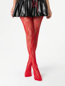 ROMWE Grunge Punk 1 par de calcetines de red de estilo punk con patrón de tornado rojo + 1 par de ligas para la pierna con patrón de estrella Y2K, adecuados para uso diario, fiesta de baile, combinación de calcetines de ajuste ceñido - Multicolor - Ver 4