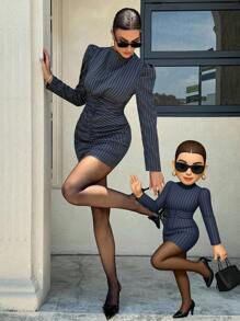 Siren Gaze New Autumn Exquisite Commuter Dress For Women, Navy Blue Stripes Old Money Style Commuter Wear, Office Siren Style, Exquisite And Elegant Dress,High Waist Mini Dress, Modern Fashion Office Dress, Pinstripe Dress Long Sleeve Dress Fitted Dress,Business Casual Woman,Teacher Clothes ,Fall Clothes,Fall Dresses For Women Winter Party