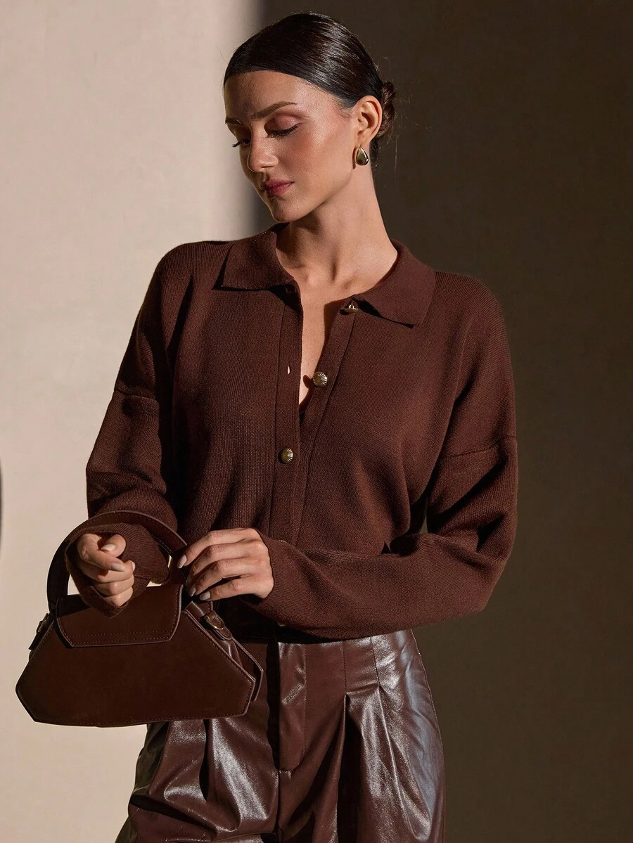 CLARA VERO Classic Chocolate Brown Top Knit Cardigan With Gold Button Details And Smart Collar Brown Sweater Brown Cardigan Brown Polo Sweater Brown Knit Top,Tall In Women,Cardigans,Long Cardigans Woman,Petite,Tall - Brown - View 1