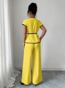 Elenzga 女式不对称下摆蝙蝠袖上衣和阔腿裤时尚两件套 - 黃色 - 查看 2