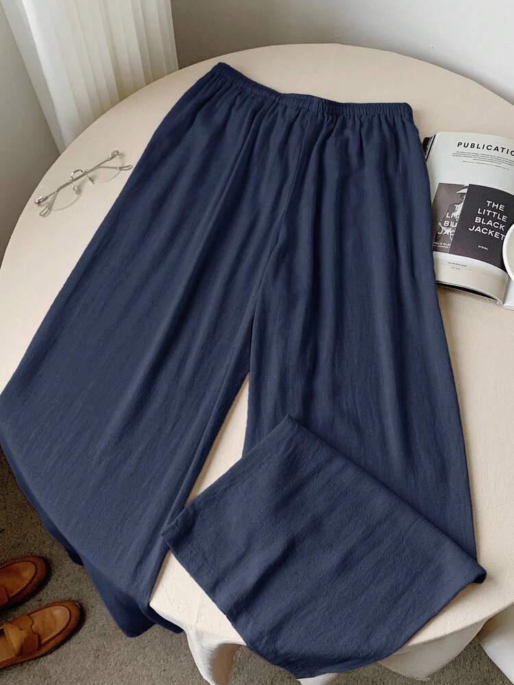 SHEIN Comfortcana Pantaloni casual a gamba ampia in lino blu navy ricamati da donna - Blu Navy - Visualizzare 2