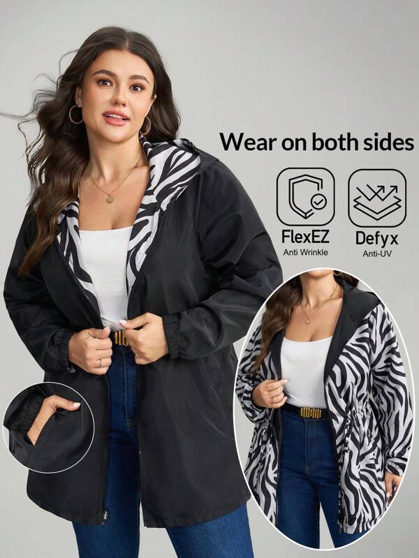 SHEIN LUNE Plus Size Women's Reversible Zip-Up Hooded Casual Jacket, Versatile Business Casual Woman Basic Tops Teacher Outfits For Women Back To School Women's Fall Clothe Fall Women Clothes Back To School School Clothes Going Out Outfits Business Casual Outfits Women Basic  Old Money Outfits Women Zip Up Hoodie