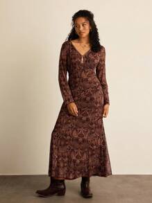 Freevana 大码女式度假腰果花卉印花 V 领长袖鱼尾下摆西式长裙女式秋季服装万圣节女式冬季服装女式连衣裙优雅西式服装女式冬季棕色连衣裙波西米亚风女式服装狂欢冬装女式仙女连衣裙派对办公室外出服装音乐会西式连衣裙节日另类优雅连衣裙焦橙色连衣裙 - 彩色 - 查看 5