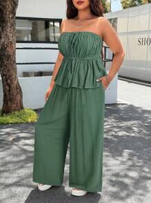 SHEIN EZwear 大码夏季纯色百褶抹胸和裤子两件套 - 軍綠色 - 查看 4