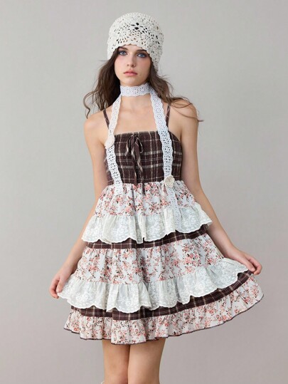 ROMWE Avant Damen Retro Landhaus Stil Karomuster & Blumen Spitze Patchwork Schleife Träger Mehrlagiger Rüschen Saum Slip Kleid