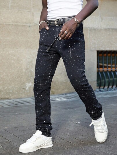 Street Life Men's Sparkling Diamond Pocket Casual Skinny Jeans