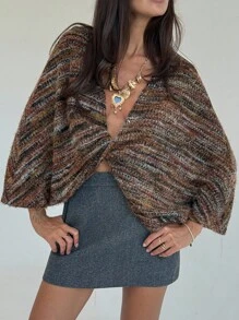 Aloruh 女式复古条纹扭结长袖套头衫，秋冬 - 棕色 - 查看 5