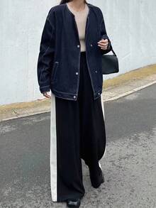 FRIFUL 女士休闲水洗落肩宽松夹克、牛仔夹克、秋季女装 - 黑色 - 查看 5