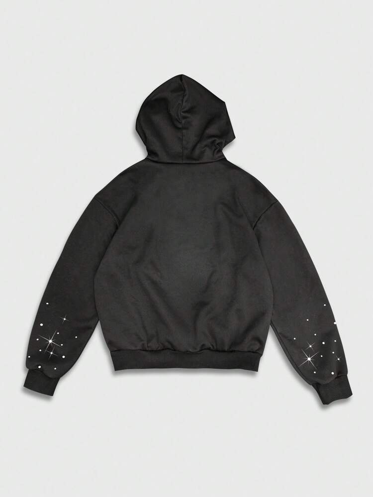 ROMWE MEN Street Life Áo nỉ có mũ trùm đầu tay dài có dây rút đính đá trang trí hình mắt cho nam - màu đen - Xem 2