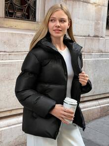 EURMUSE Veste matelassée brillante avec capuche, fermeture éclair frontale, design matelassé, poches latérales, chaude et légère, vêtement d'extérieur casual pour l'hiver, tissu imperméable