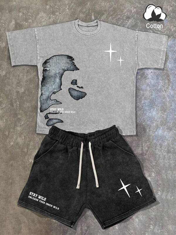 Manfinity Streetrush 2 Stück Herren Baumwoll-Set mit Gesichts- und Buchstabendruck, Rundhals Grafik Kurzarm T-Shirt und Kordelzug Lässig Shorts