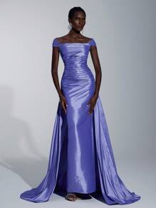 Elitara 优雅、浪漫、性感、极简、灰粉棕、闪亮缎面、美人鱼轮廓、胶骨紧身胸衣、鱼尾裙、拖尾、时尚、网红、节日、度假、生日派对、婚礼活动、正式晚礼服 - 紫色 - 查看 2