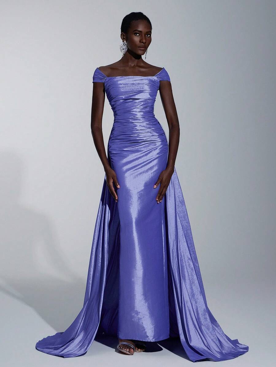 Elitara 优雅、浪漫、性感、极简、灰粉棕、闪亮缎面、美人鱼轮廓、胶骨紧身胸衣、鱼尾裙、拖尾、时尚、网红、节日、度假、生日派对、婚礼活动、正式晚礼服