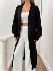SHEIN Tall Tall Women Casual Solid Black Rib Knit Long Cardigan,Cardigans,Petite