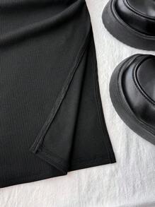 青少年女孩高腰褶裥开衩下摆罗纹针织裙 - 黑色 - 查看 6