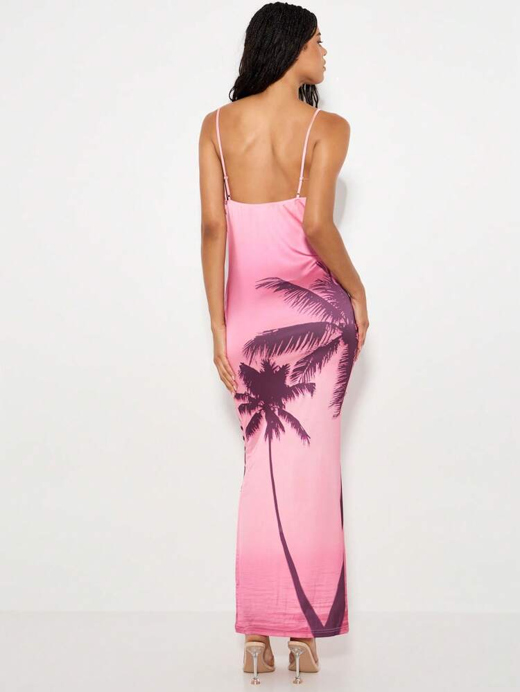 KIZN Satin Palm Tree Print Bodycon Maxi Dress With Spaghetti Straps