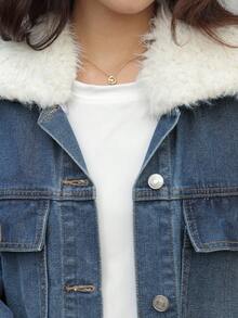 K-Vae 女秋冬深蓝色毛领复古日常牛仔外套圣诞牛仔夹克韩版风万圣节服装别致秋季 - 深色水洗藍 - 查看 6