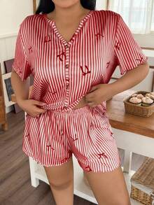 SHEIN 条纹蝴蝶结印花休闲纽扣大码睡衣套装 - 紅色 - 查看 3
