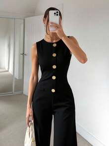 Siren Gaze 2025年秋季女装新款必备单品，复古风黑色无袖圆领连体裤和金色金属纽扣装饰，优雅的商务休闲工作教师日常通勤装 - 黑色 - 查看 1