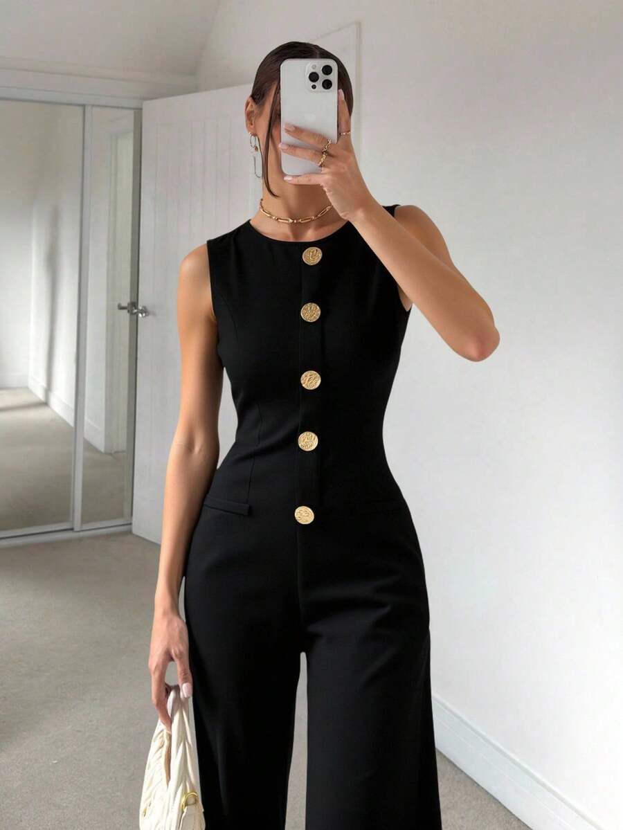 Siren Gaze 2025年秋季女装新款必备单品，复古风黑色无袖圆领连体裤和金色金属纽扣装饰，优雅的商务休闲工作教师日常通勤装 - 黑色 - 查看 1