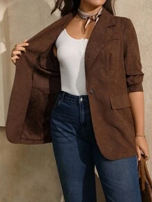 Juhart Blazer Vintage Marrom com Estampa Botânica em Relevo para Mulheres Plus Size - Castanho - Visão 3