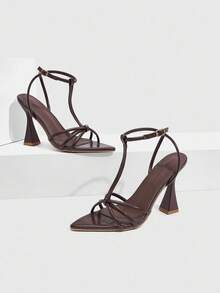 CUCCOO SZL Brown PU Strap Sexy Fashion Pointed Toe Chunky Heel Sandals - Brown - View 2