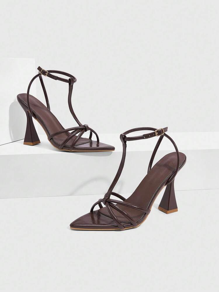 CUCCOO SZL Brown PU Strap Sexy Fashion Pointed Toe Chunky Heel Sandals