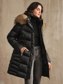 Anewsta Áo khoác cổ lông sang trọng có mũ trùm đầu bằng vải satin, túi khóa kéo kim loại - màu đen - Xem 7