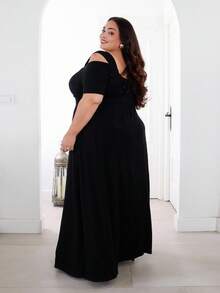 Pretty and Ole Plus Cold Shoulder Split Thigh Dress Long Evening Dresses - Black - View 6