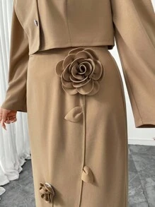 Modelyn 2件套加大码纯色长袖碎花长裙套装 - 卡其色 - 查看 5