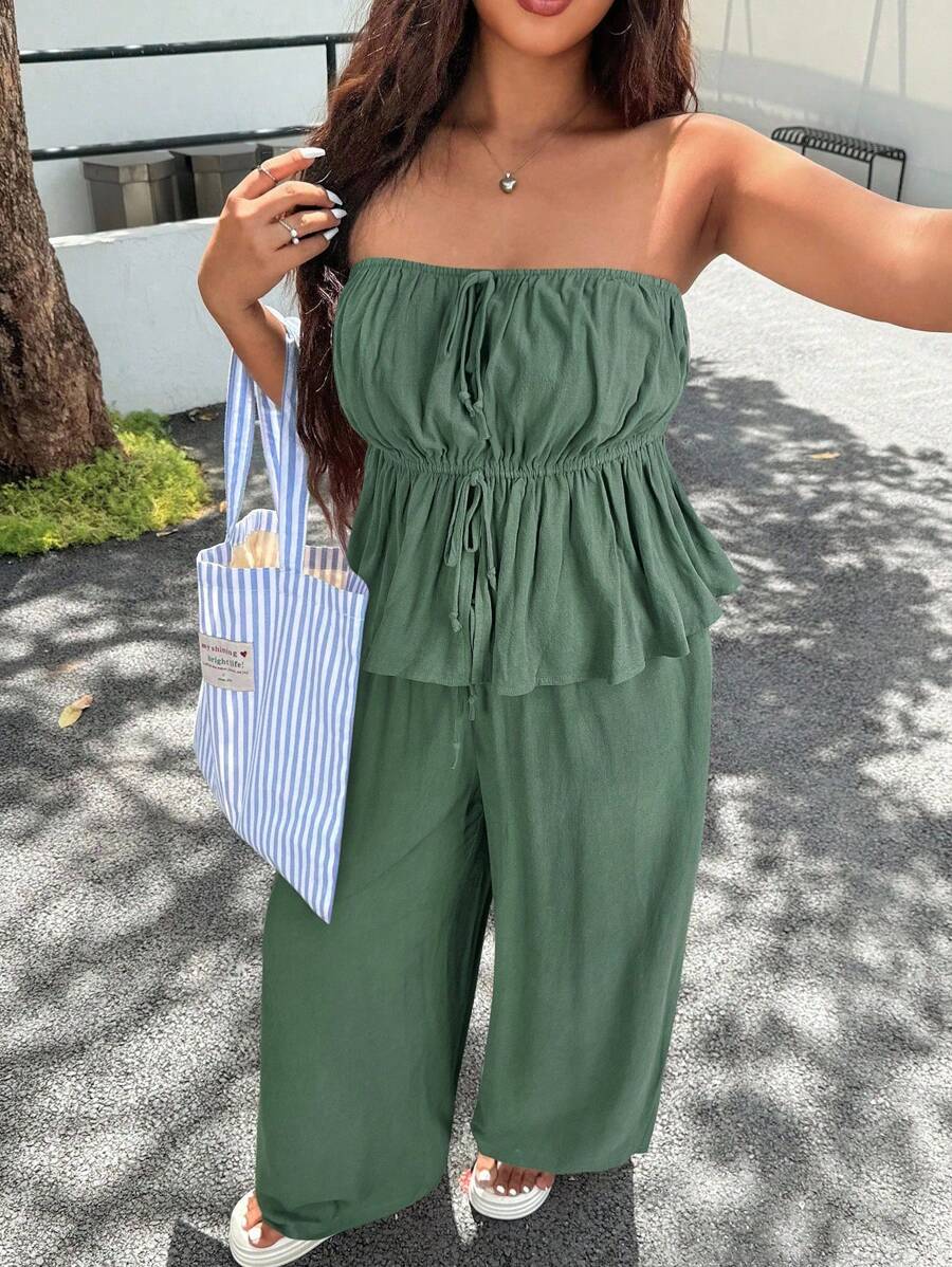 SHEIN EZwear 大码夏季纯色百褶抹胸和裤子两件套 - 軍綠色 - 查看 1