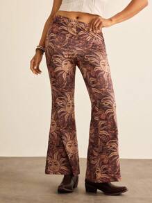 SHEIN VCAY Plus Size Women's Elastic Waist Sun Face Print Flare Pants Sun Print Pants Bohemian Pants Autumn Clothes Western Clothes For Women - Coffee Brown - View 1