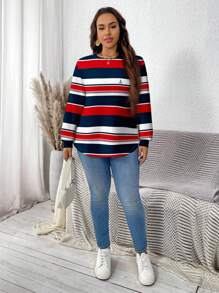 EMERY ROSE 休闲简约大码运动衫，海军蓝风格蓝白红条纹印花华夫格面料圆领宽松弧形下摆，适合家居服，女式秋季服装条纹长袖上衣红白蓝条纹上衣女式航海上衣红白蓝上衣女式航海上衣锚上衣 - 彩色 - 查看 3