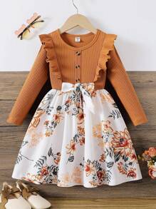 SHEIN Young Girl Floral Print Ruffle Trim Belted Dress