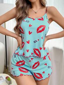 SHEIN 2pcs Lip & Heart Print Ruffle Trim Camisole & Shorts Pajama Set Summer Pajama Set Sleepwear Set Women Summer Sets Pajamas Set Summer Lounge Wear Sets Summer - Mint Green - View 6