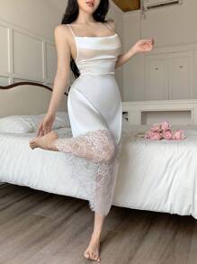 SHEIN Váy ngủ hở lưng phối ren gợi cảm dành cho nữ - trắng - Xem 3